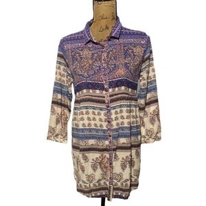 Aratta Silent Journey Top MED Ivory Blue Red Multi Floral Button Front Tunic‎